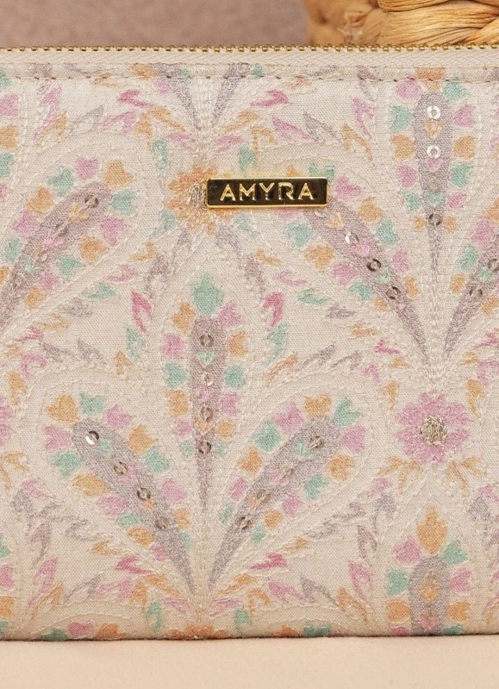 Off White Embroidered Zip Wallet AMYRA - Fabilicious Fashion