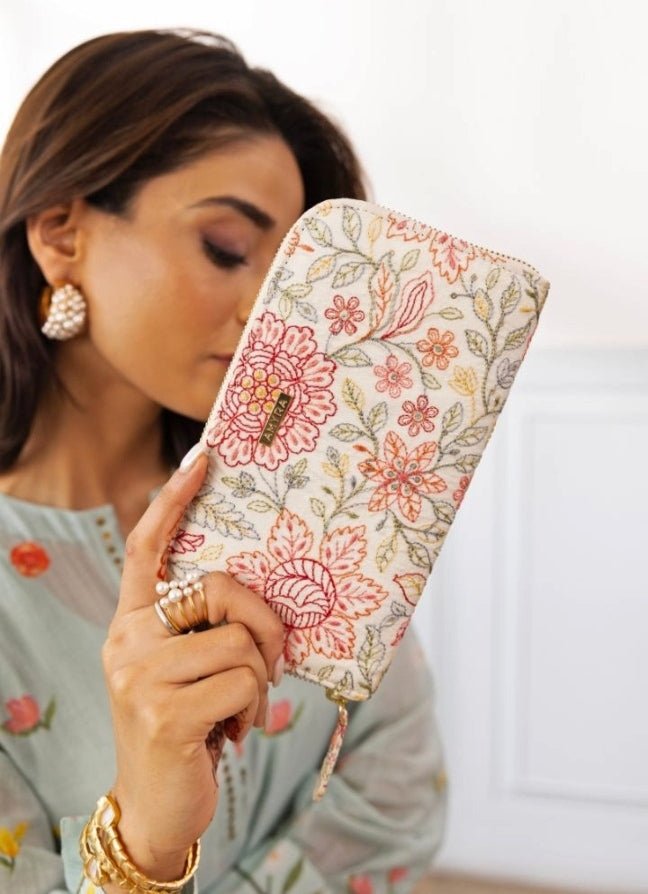 Off - White Embroidered Zip Wallet AMYRA - Fabilicious Fashion