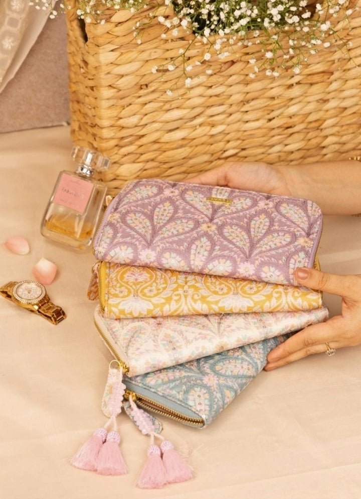 Off White Embroidered Zip Wallet AMYRA - Fabilicious Fashion