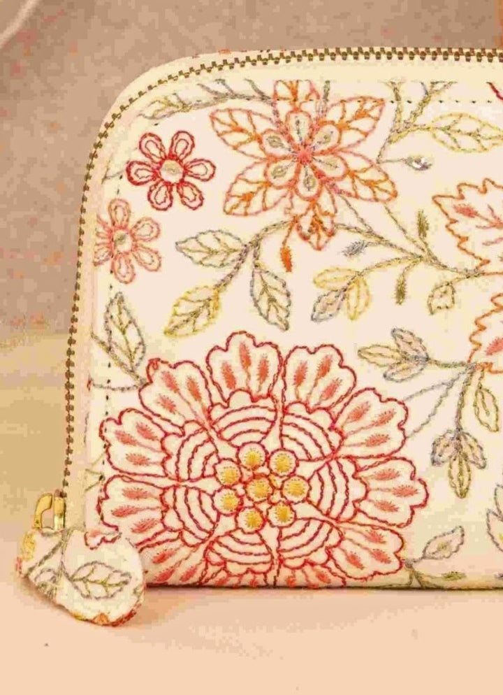 Off - White Embroidered Zip Wallet AMYRA - Fabilicious Fashion