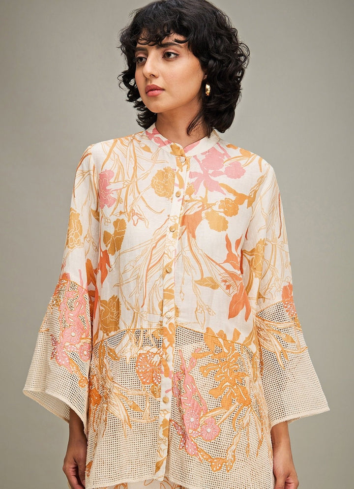 Off White Flora Printed Linen Shirt And Pant Set Soup By Sougat Paul - Fabilicious Fashion