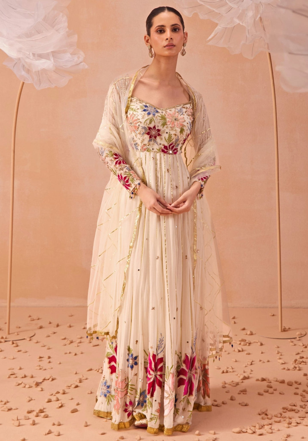 Off White Floral Embellished Anarkali Set Parul Gandhi - Fabilicious Fashion