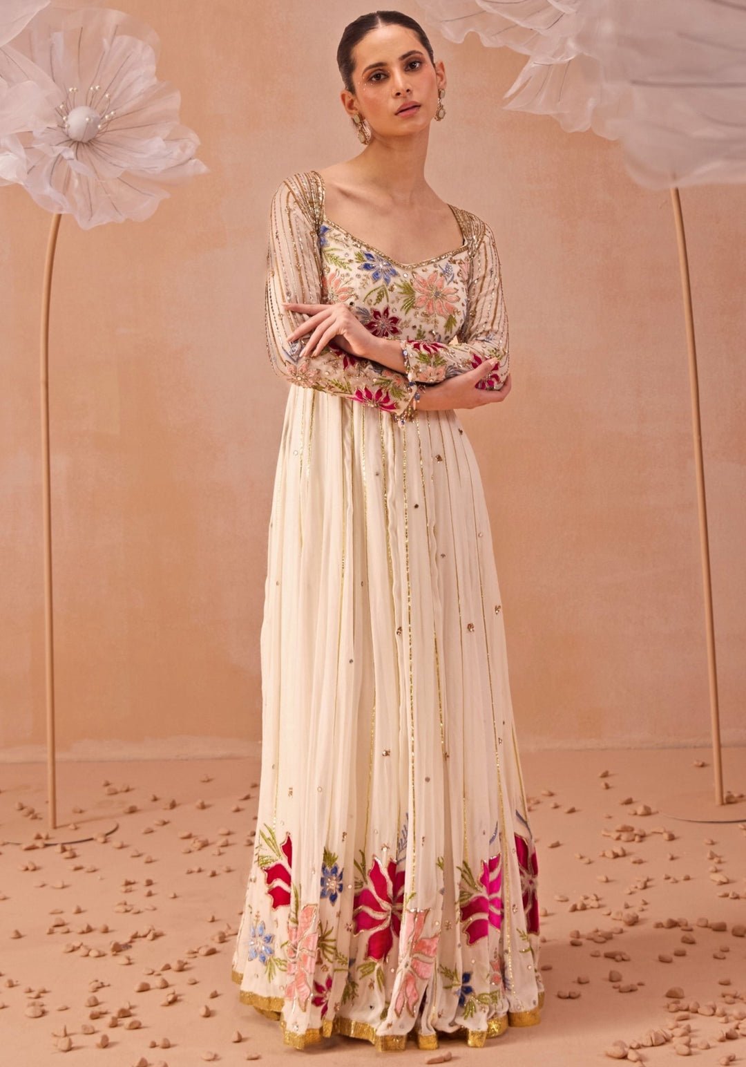 Off White Floral Embellished Anarkali Set Parul Gandhi - Fabilicious Fashion