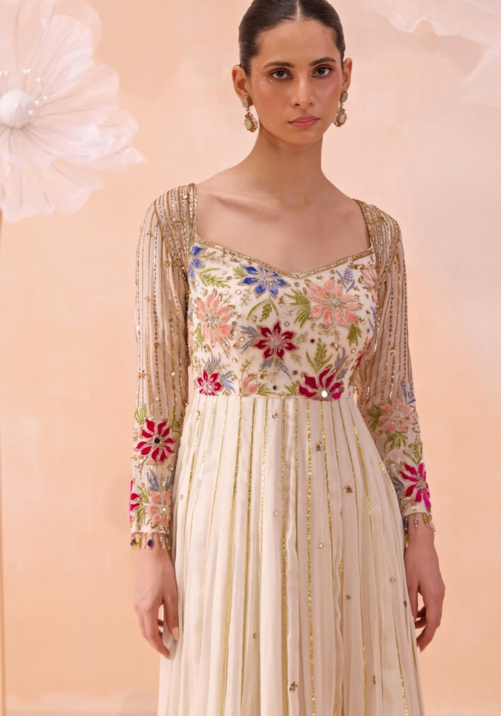 Off White Floral Embellished Anarkali Set Parul Gandhi - Fabilicious Fashion