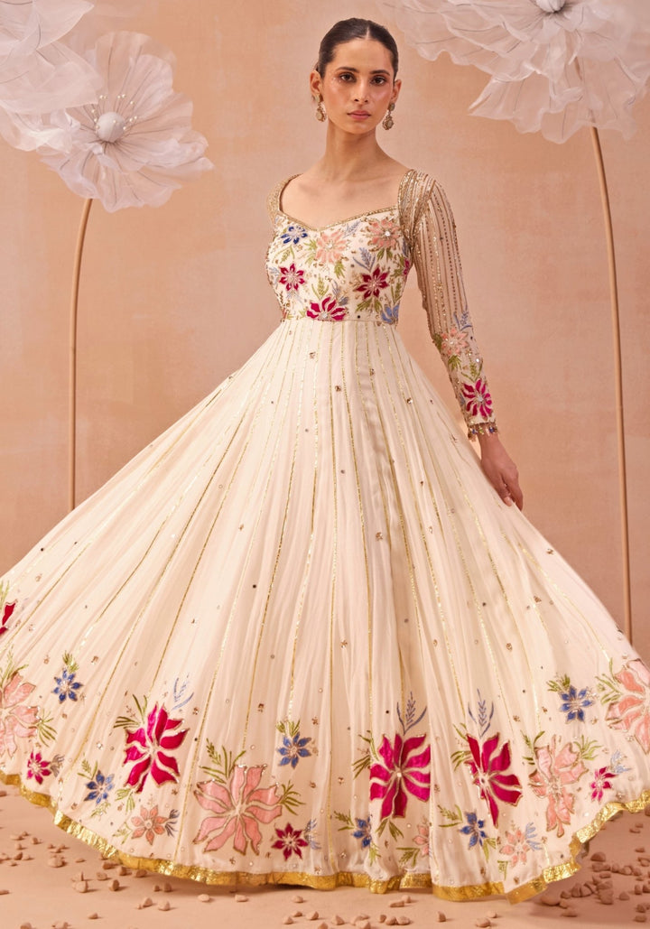Off White Floral Embellished Anarkali Set Parul Gandhi - Fabilicious Fashion