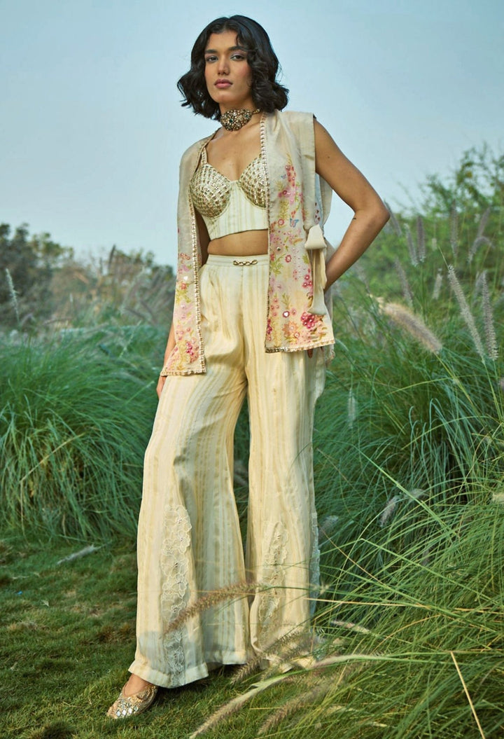 Off White Floral Jacket Pant Set With Corset Basil Leaf - Fabilicious Fashion