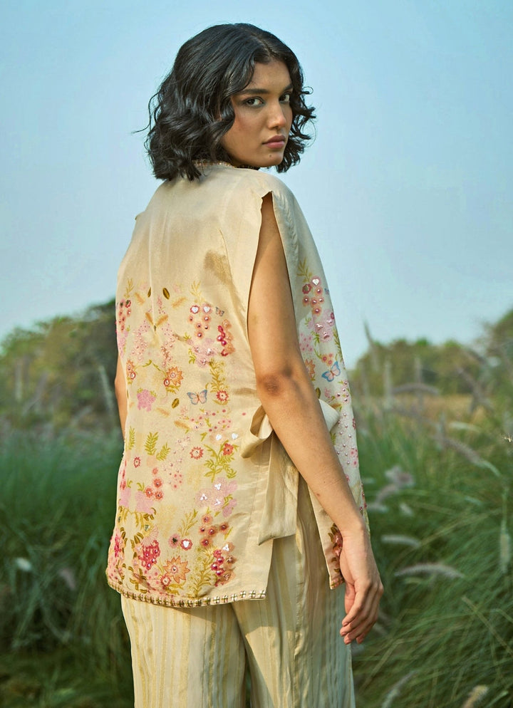 Off White Floral Jacket Pant Set With Corset Basil Leaf - Fabilicious Fashion