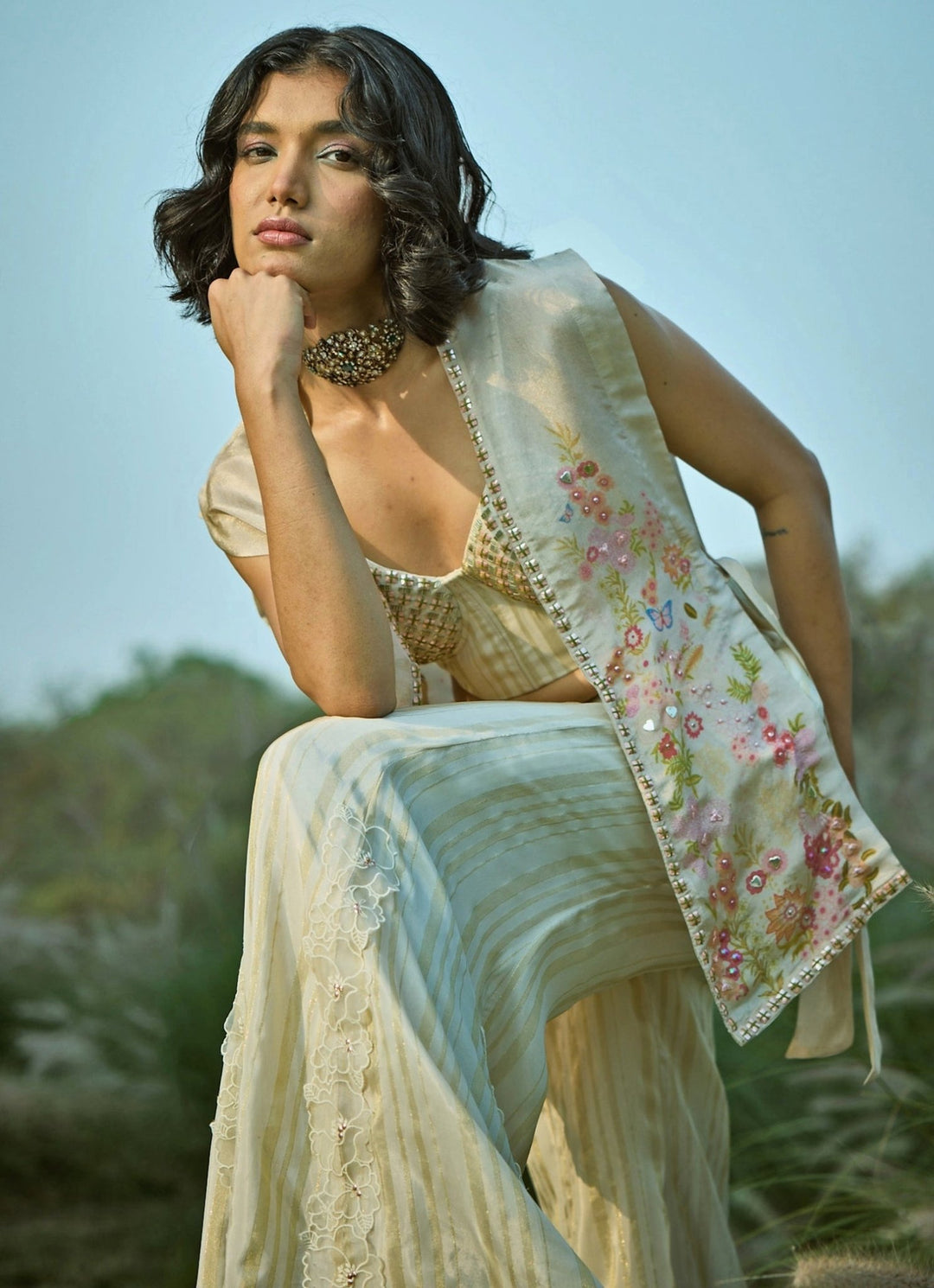 Off White Floral Jacket Pant Set With Corset Basil Leaf - Fabilicious Fashion