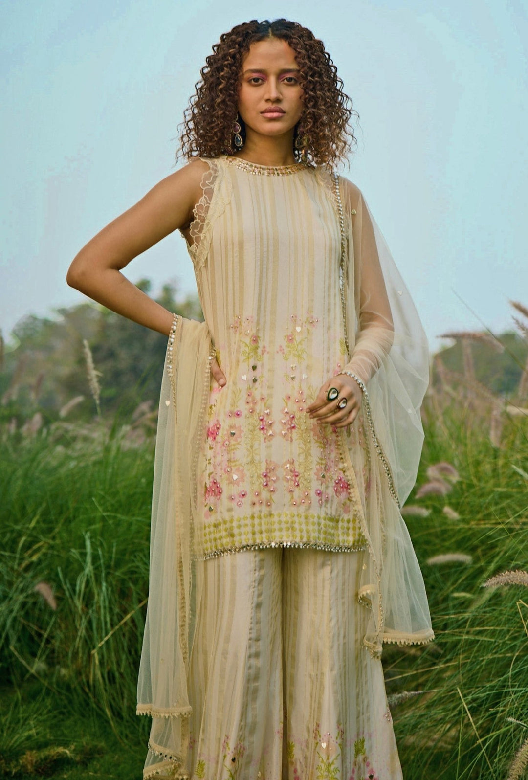 Off White Floral Kurta Sharara Set Basil Leaf - Fabilicious Fashion