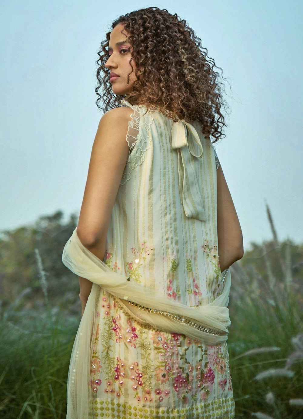 Off White Floral Kurta Sharara Set Basil Leaf - Fabilicious Fashion