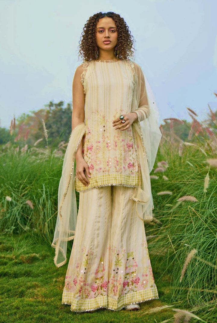 Off White Floral Kurta Sharara Set Basil Leaf - Fabilicious Fashion