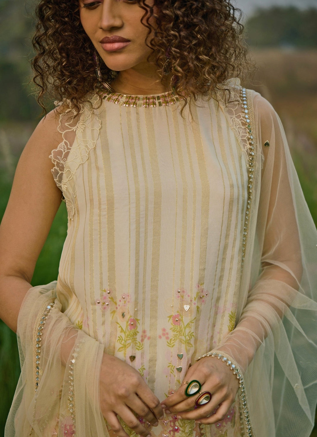 Off White Floral Kurta Sharara Set Basil Leaf - Fabilicious Fashion