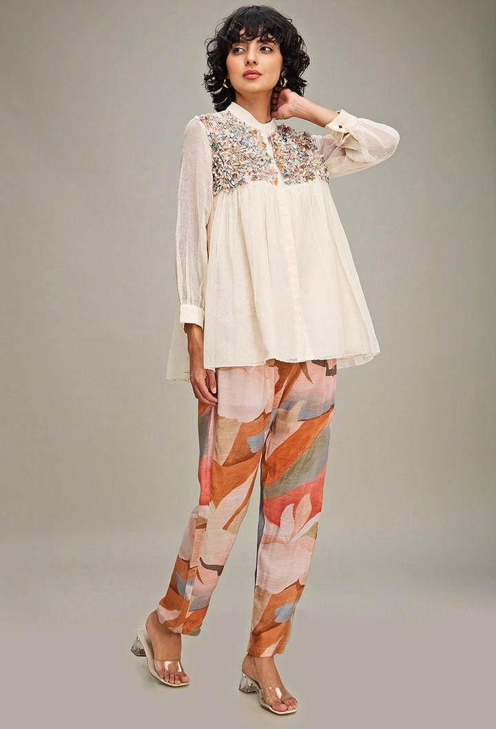 Off White Floral Printed And Yoke Embroidered Co Ord Set Soup By Sougat Paul - Fabilicious Fashion