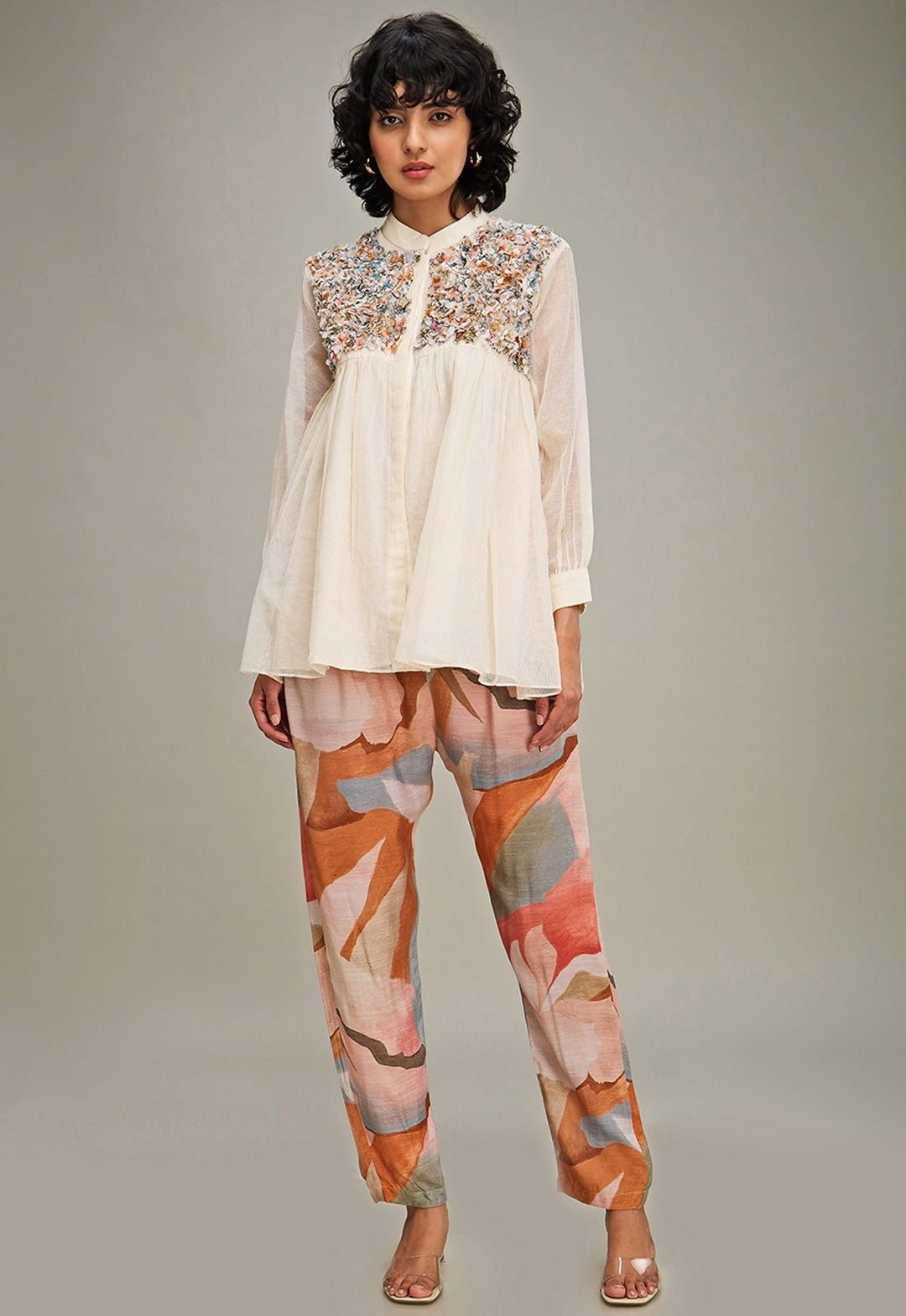 Off White Floral Printed And Yoke Embroidered Co Ord Set Soup By Sougat Paul - Fabilicious Fashion