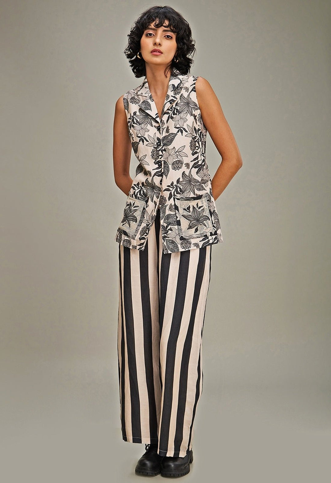 Off White Floral Printed Linen Top And Pant Set Soup By Sougat Paul - Fabilicious Fashion