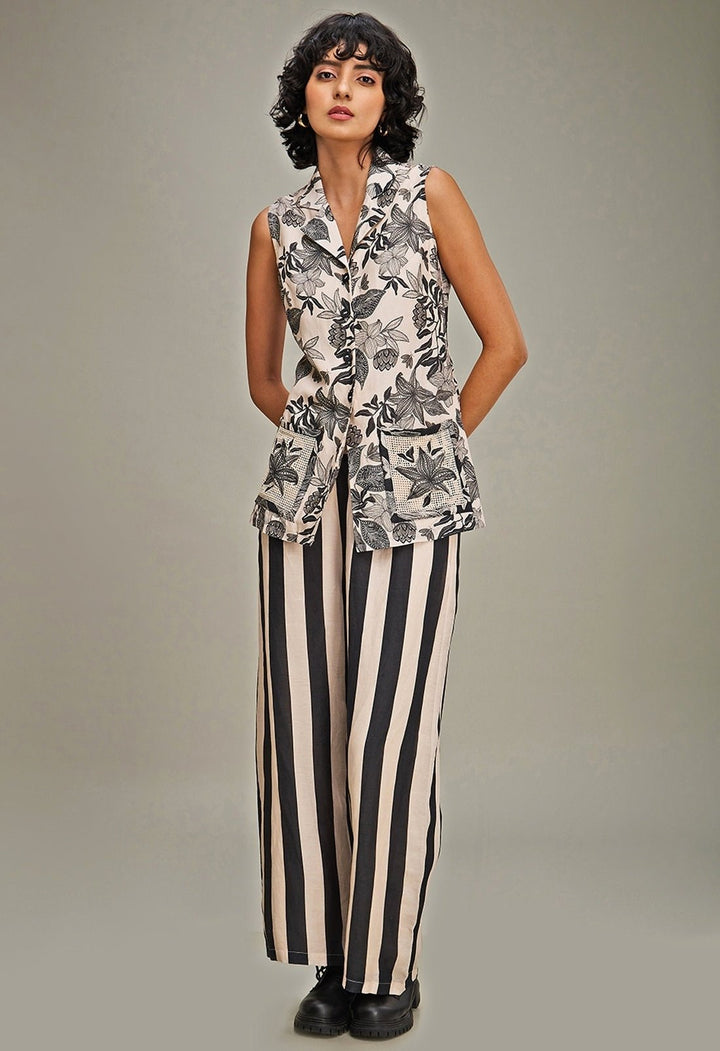 Off White Floral Printed Linen Top And Pant Set Soup By Sougat Paul - Fabilicious Fashion