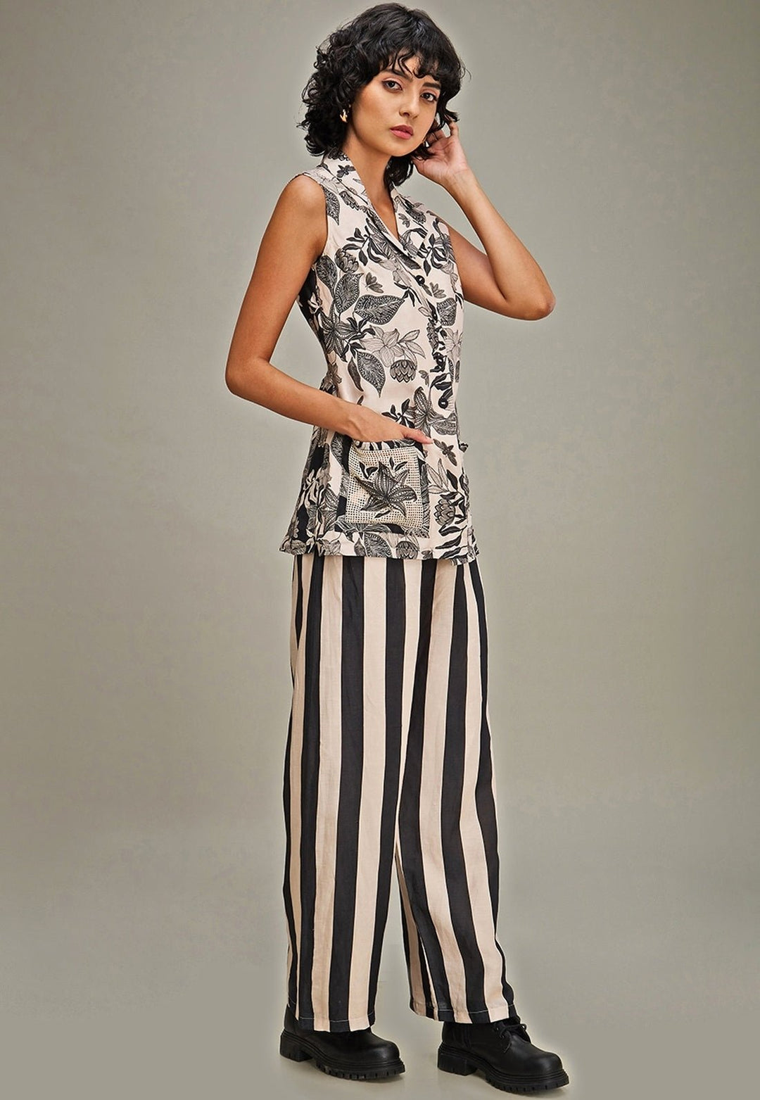 Off White Floral Printed Linen Top And Pant Set Soup By Sougat Paul - Fabilicious Fashion