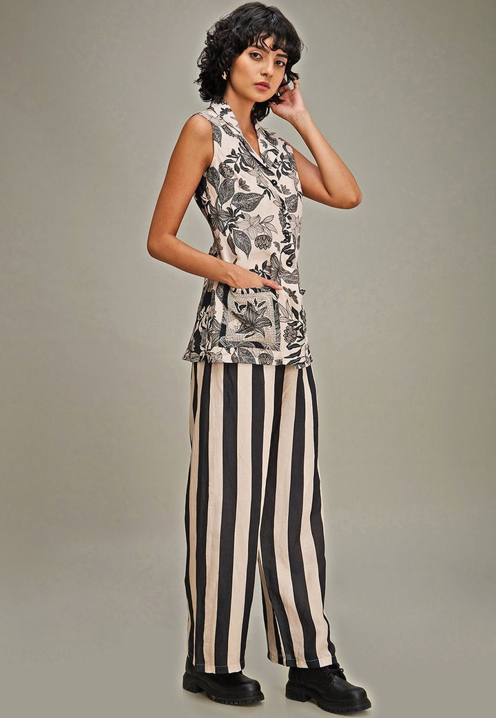 Off White Floral Printed Linen Top And Pant Set Soup By Sougat Paul - Fabilicious Fashion