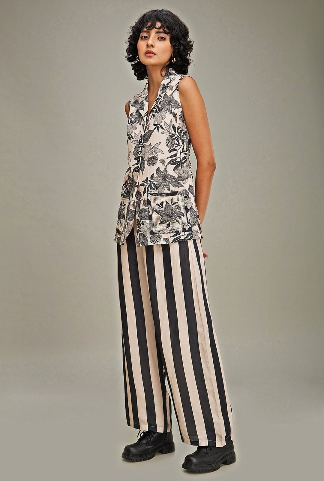Off White Floral Printed Linen Top And Pant Set Soup By Sougat Paul - Fabilicious Fashion