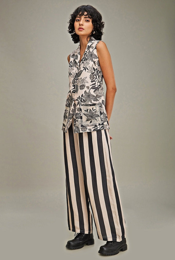 Off White Floral Printed Linen Top And Pant Set Soup By Sougat Paul - Fabilicious Fashion
