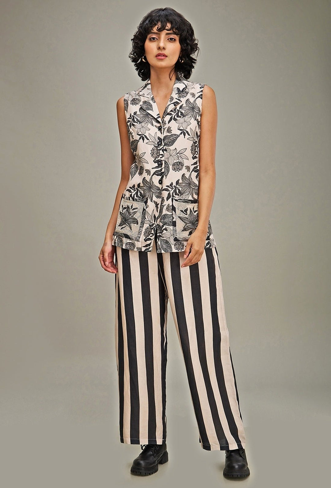 Off White Floral Printed Linen Top And Pant Set Soup By Sougat Paul - Fabilicious Fashion