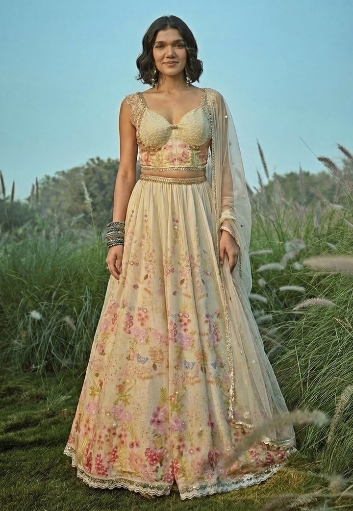 Basil Leaf Off White Floral Tissue Lehenga Set With CorsetFabilicious Fashion