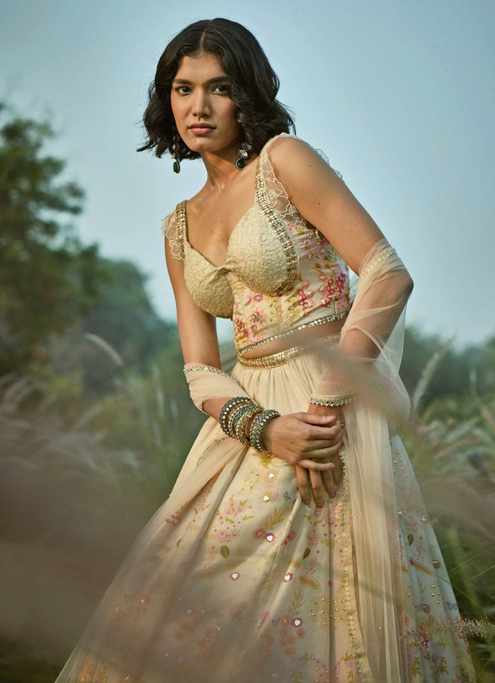 Basil Leaf Off White Floral Tissue Lehenga Set With CorsetFabilicious Fashion