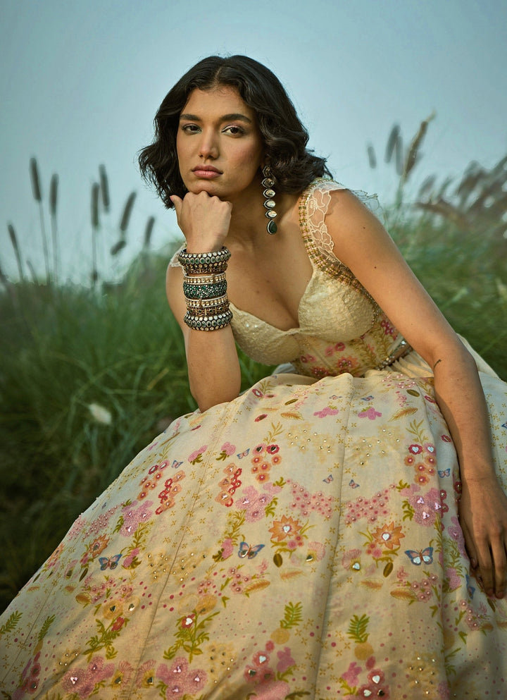 Basil Leaf Off White Floral Tissue Lehenga Set With CorsetFabilicious Fashion