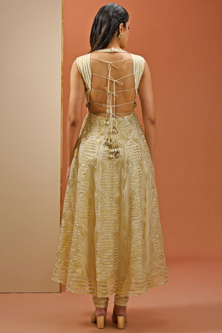Off White Golden Lace Embellished Anarkali Set Esha Koul - Fabilicious Fashion