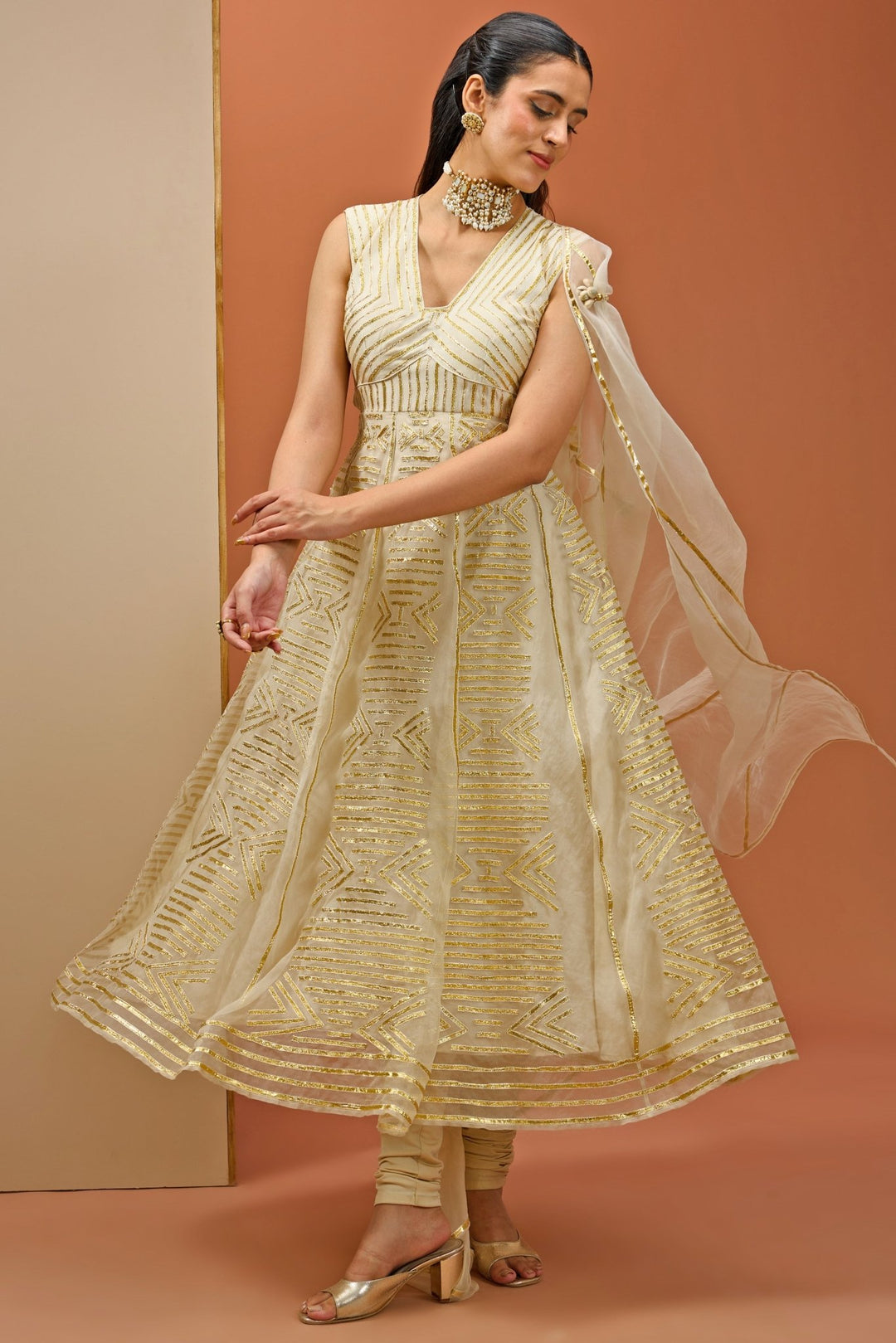 Off White Golden Lace Embellished Anarkali Set Esha Koul - Fabilicious Fashion