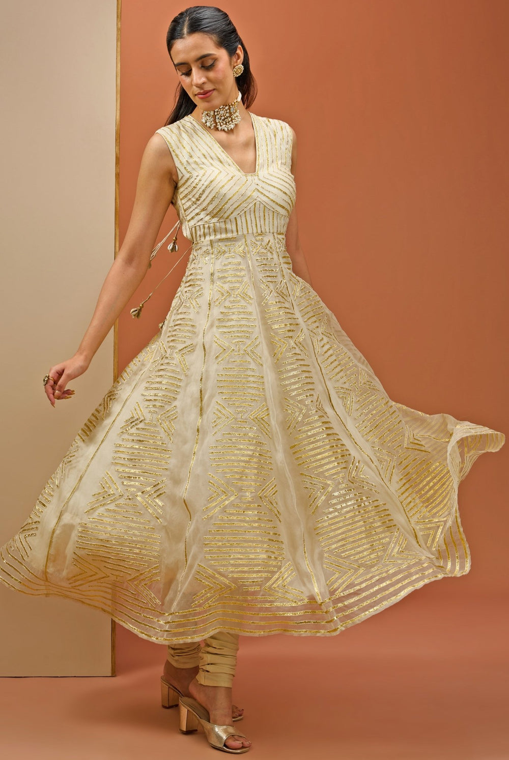 Off White Golden Lace Embellished Anarkali Set Esha Koul - Fabilicious Fashion
