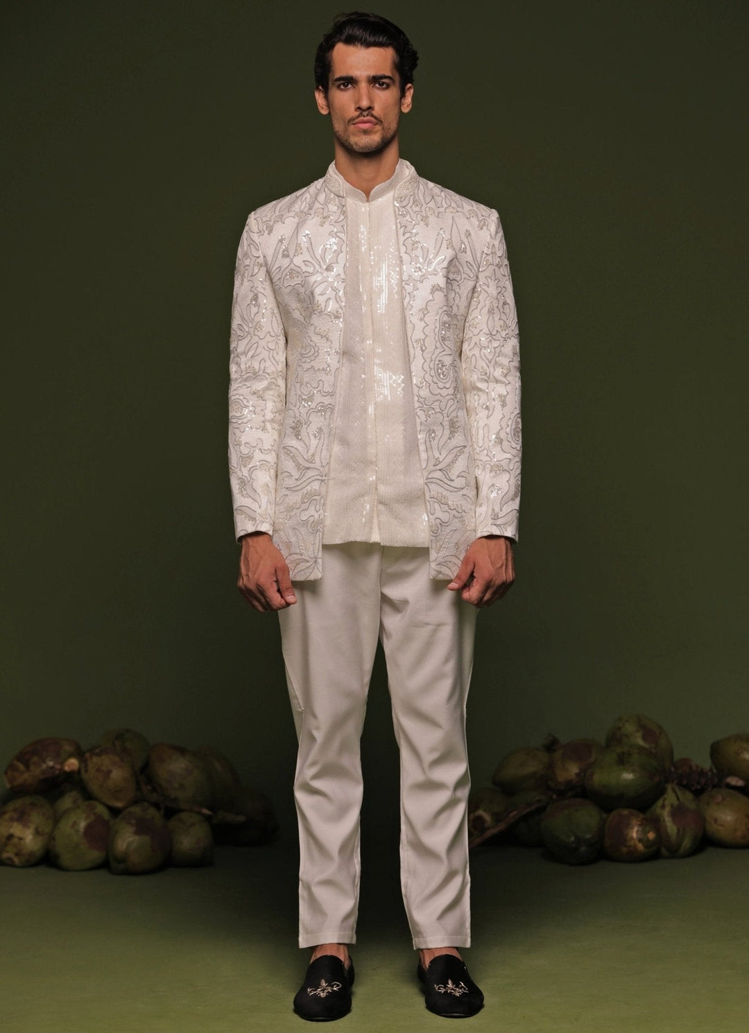 Off - White Hand - Embroidered Jodhpuri Jacket Set Kalpraag - Fabilicious Fashion