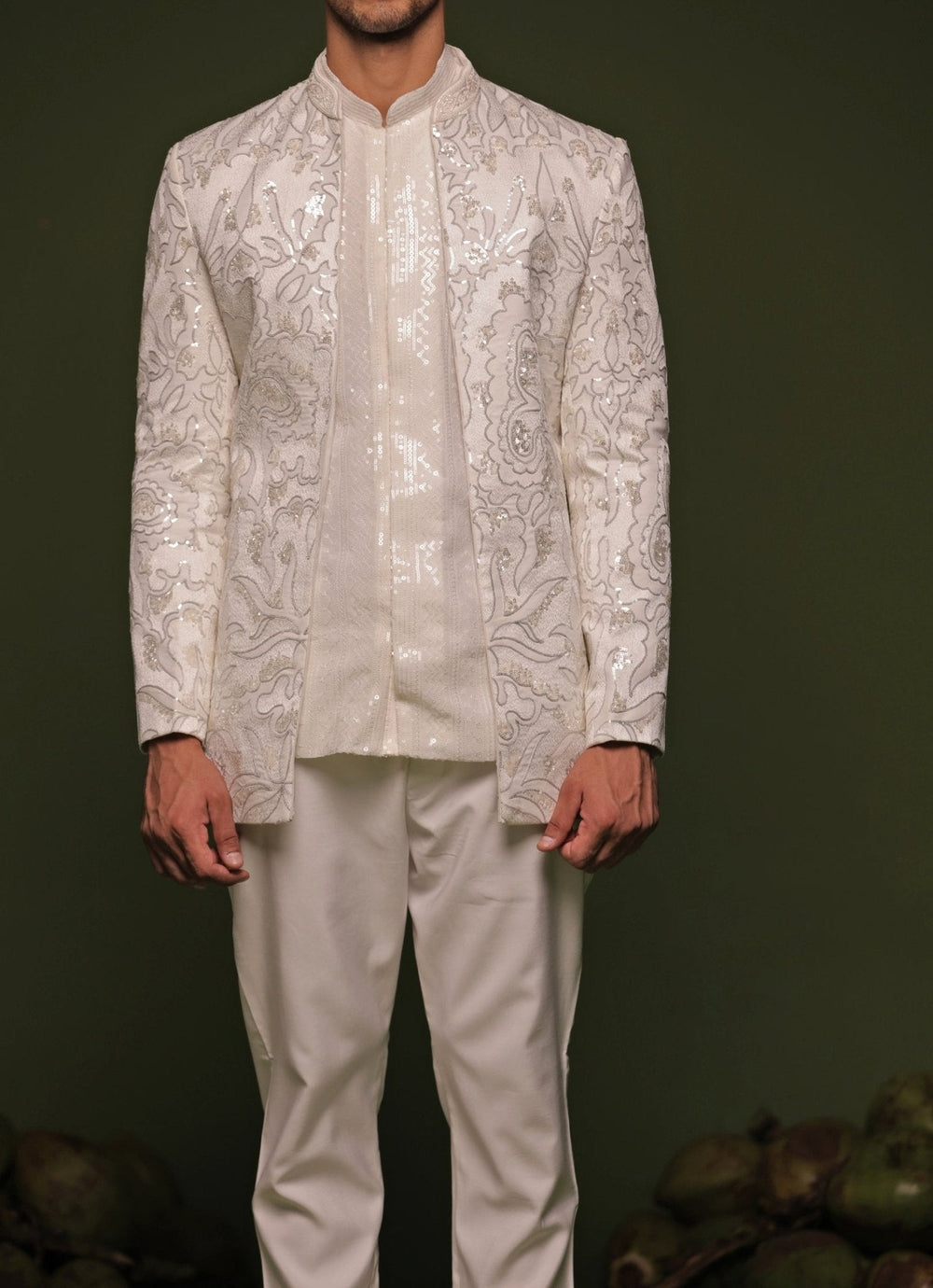 Off - White Hand - Embroidered Jodhpuri Jacket Set Kalpraag - Fabilicious Fashion