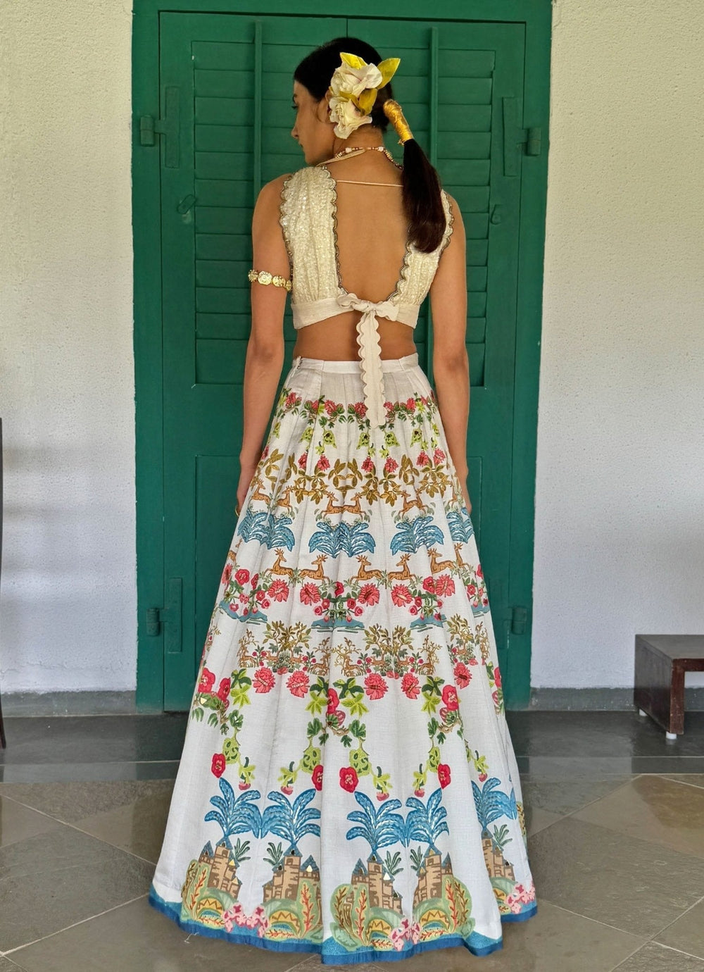 Off - White Printed And Embroidered Lehenga Basil Leaf - Fabilicious Fashion
