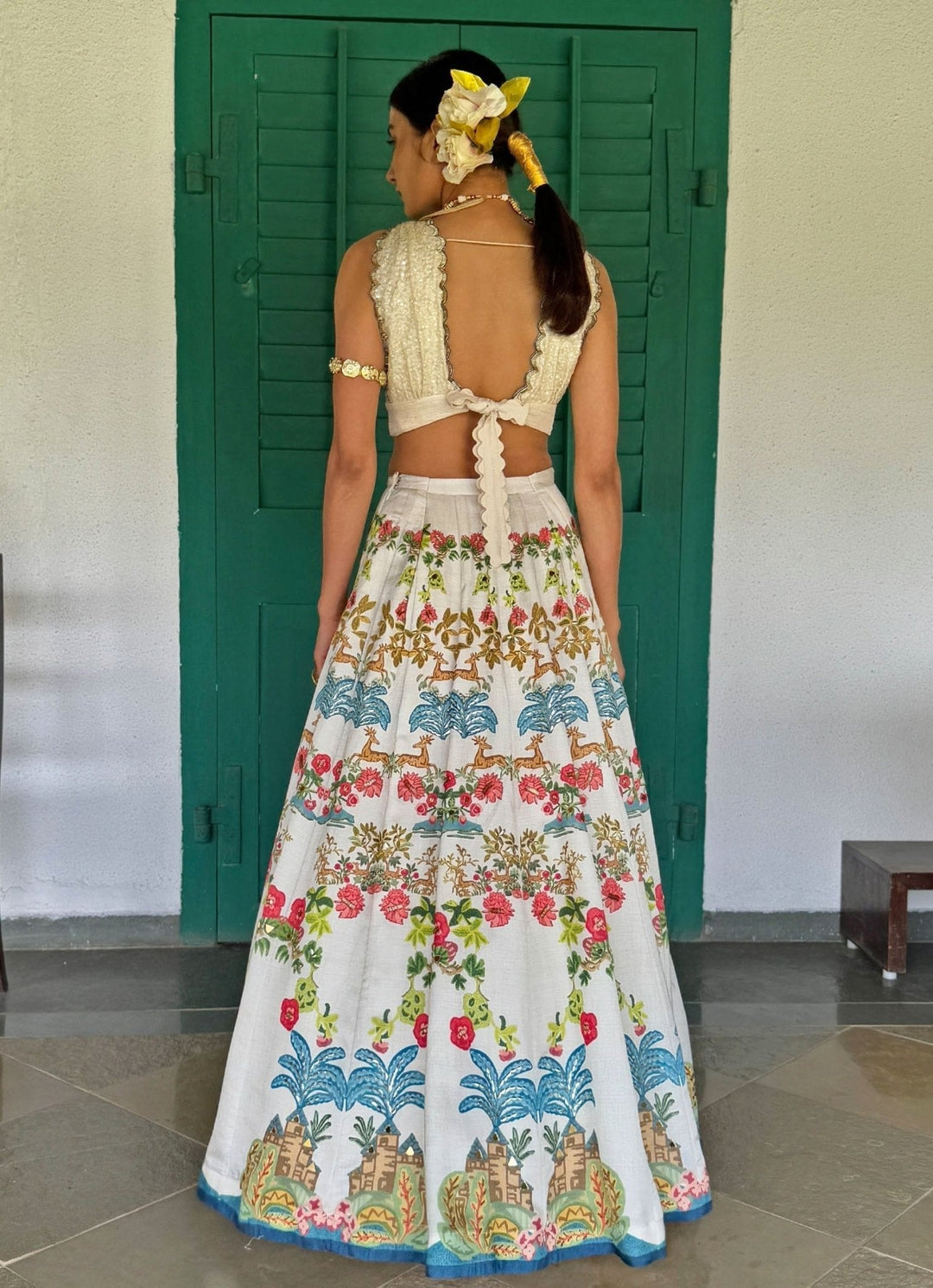 Off - White Printed And Embroidered Lehenga Basil Leaf - Fabilicious Fashion