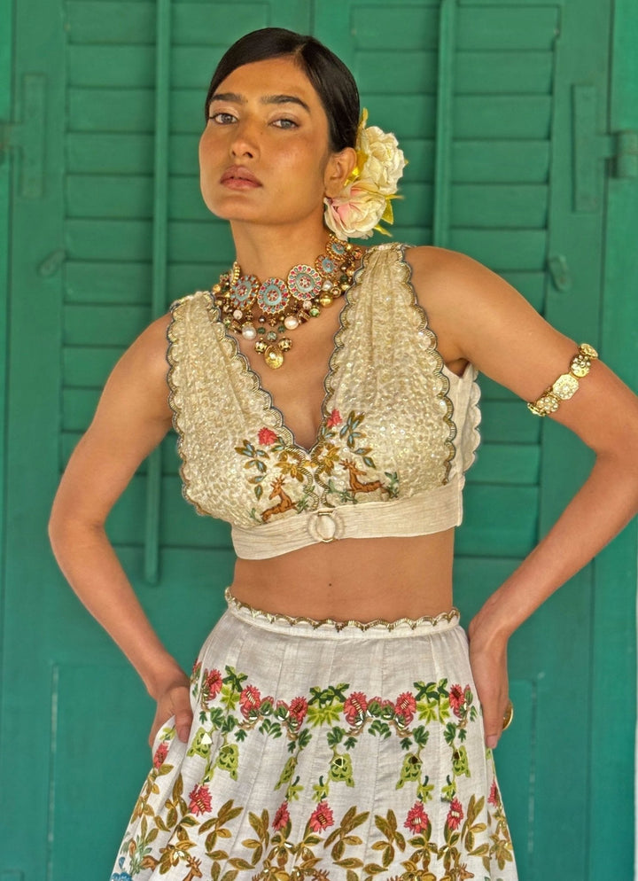 Off - White Printed And Embroidered Lehenga Basil Leaf - Fabilicious Fashion