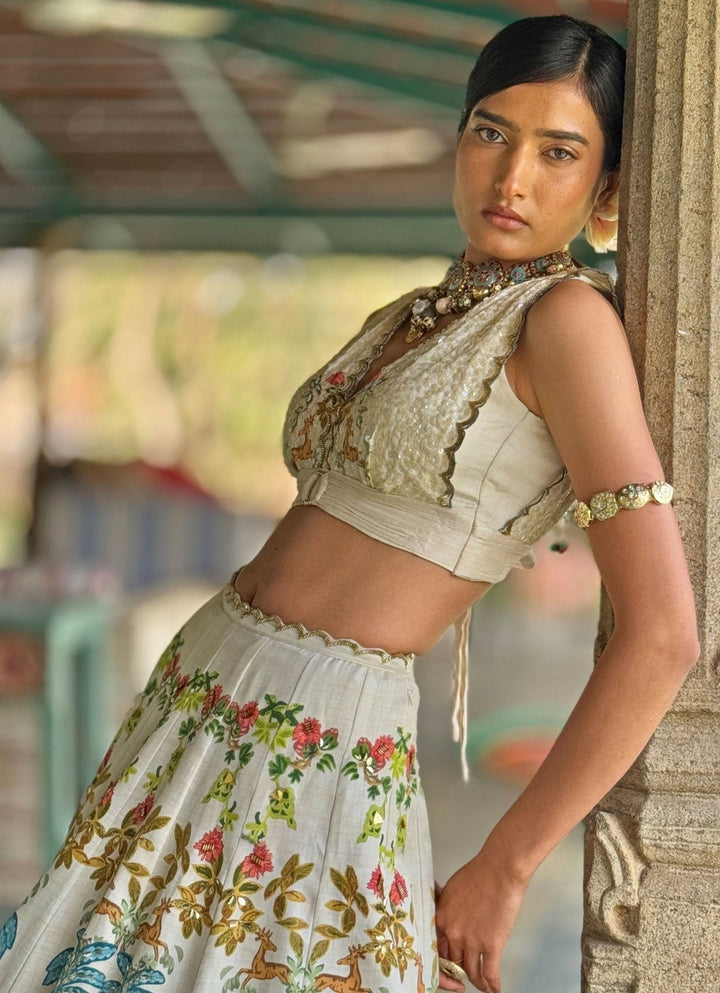 Off - White Printed And Embroidered Lehenga Basil Leaf - Fabilicious Fashion