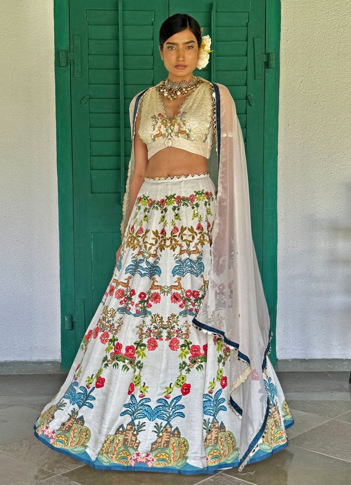 Off - White Printed And Embroidered Lehenga Basil Leaf - Fabilicious Fashion
