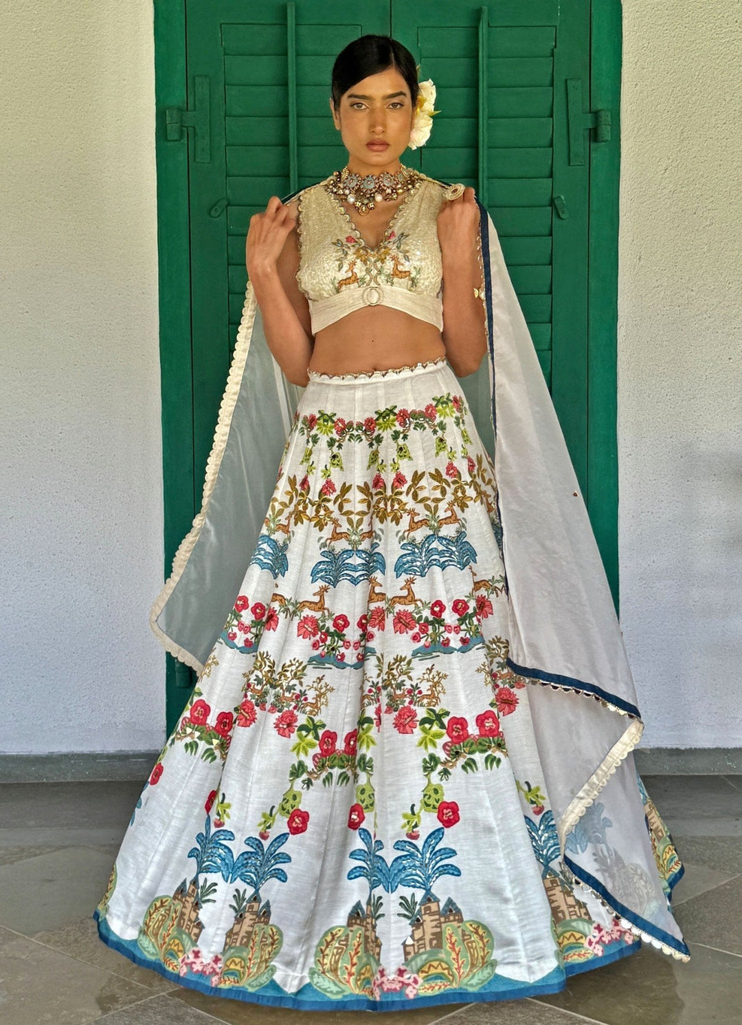 Off - White Printed And Embroidered Lehenga Basil Leaf - Fabilicious Fashion