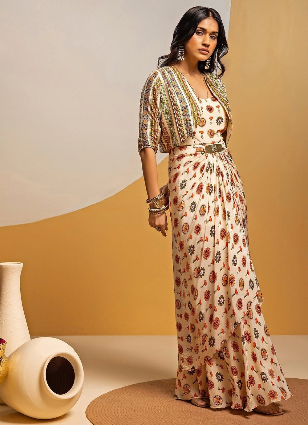 Off White Printed Crepe Drape Dress With Jacket Soup by Sougat Paul - Fabilicious Fashion