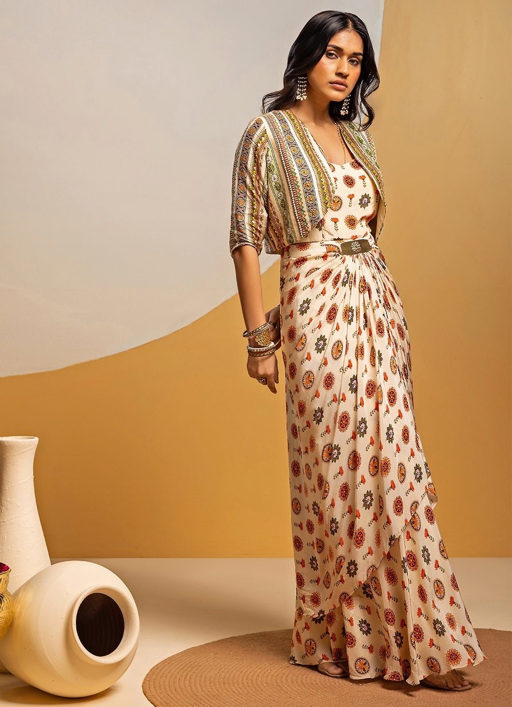 Off White Printed Crepe Drape Dress With Jacket Soup by Sougat Paul - Fabilicious Fashion