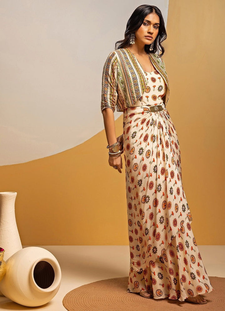 Off White Printed Crepe Drape Dress With Jacket Soup by Sougat Paul - Fabilicious Fashion