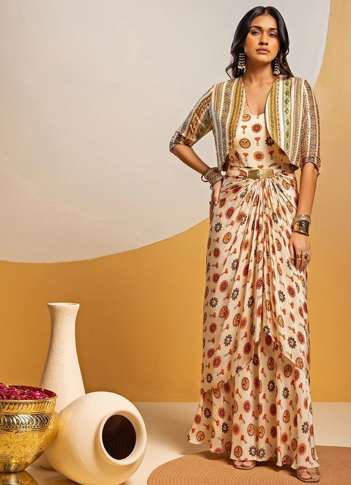 Off White Printed Crepe Drape Dress With Jacket Soup by Sougat Paul - Fabilicious Fashion