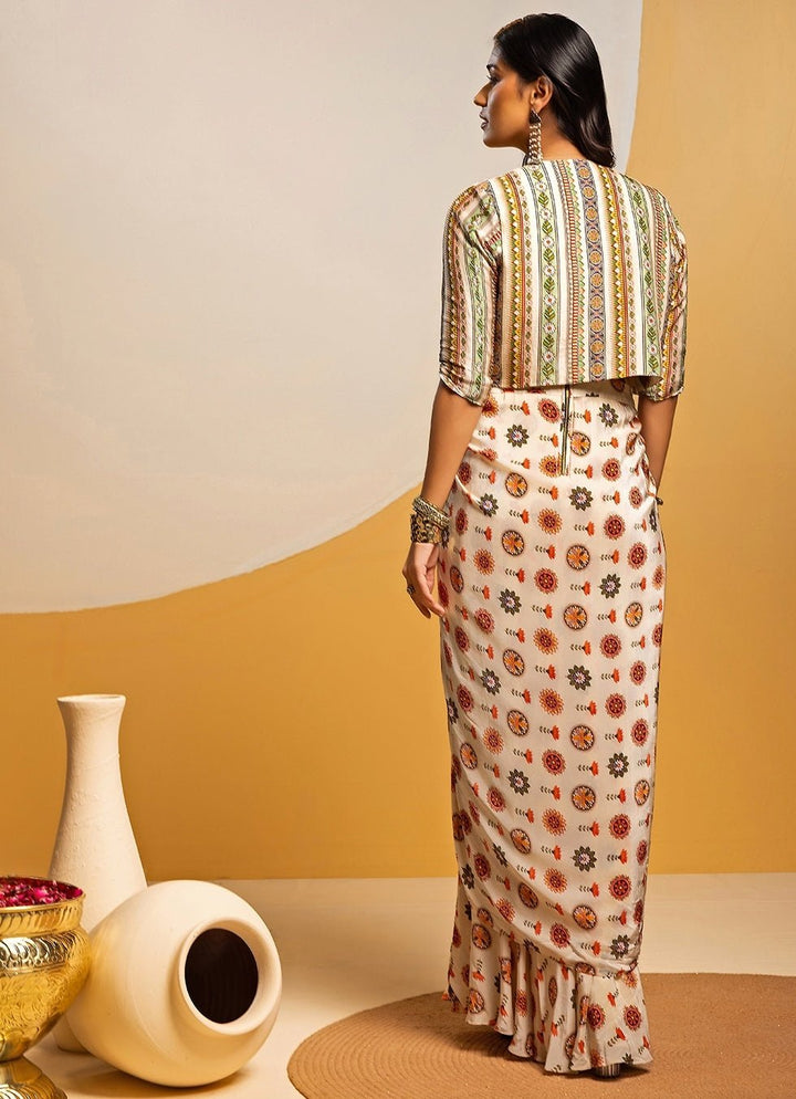 Off White Printed Crepe Drape Dress With Jacket Soup by Sougat Paul - Fabilicious Fashion