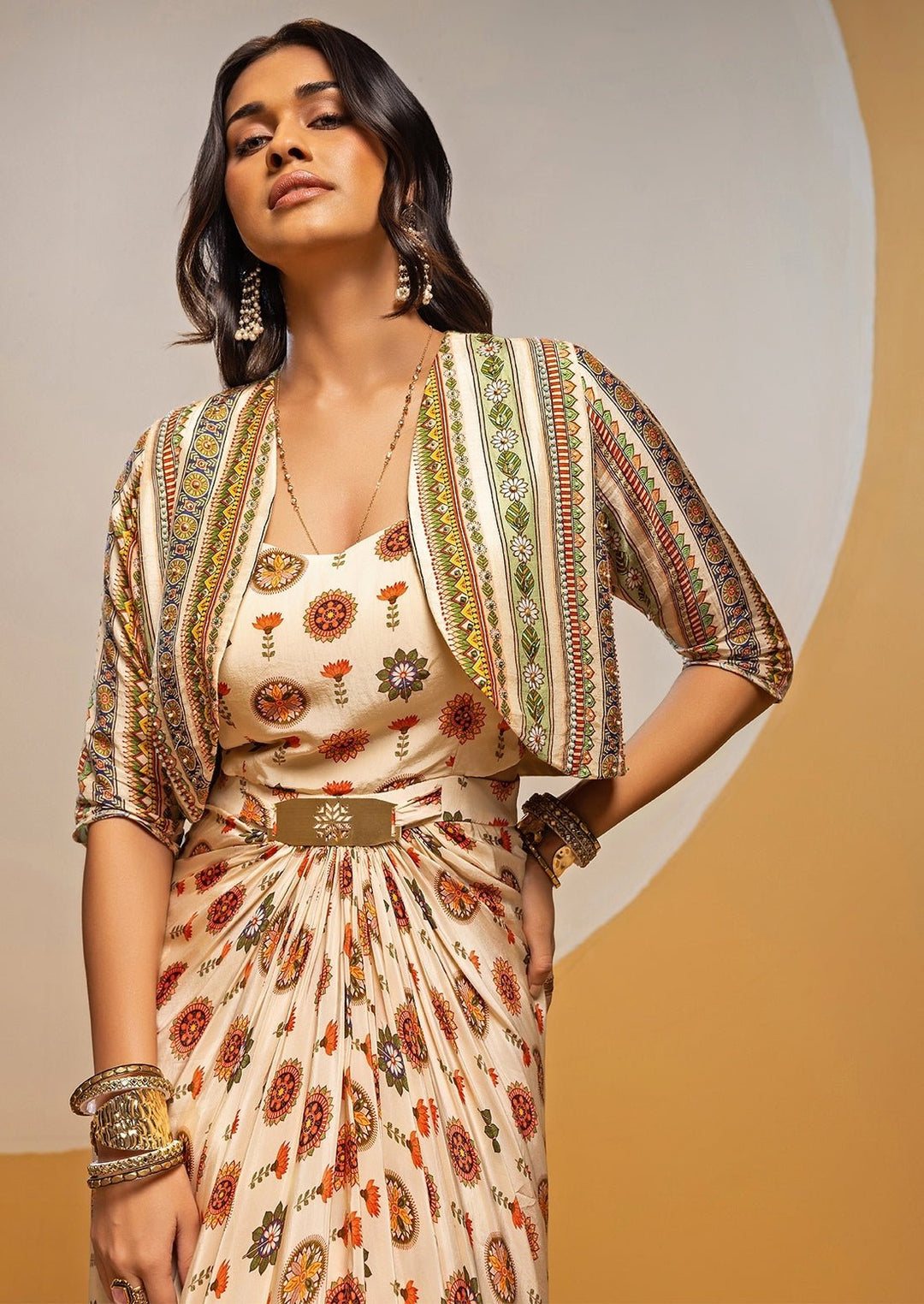 Off White Printed Crepe Drape Dress With Jacket Soup by Sougat Paul - Fabilicious Fashion