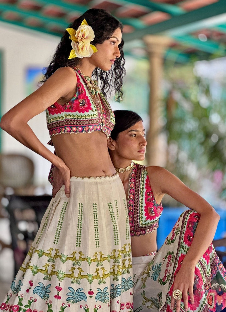 Off - White Printed Embroidered Lehenga Basil Leaf - Fabilicious Fashion