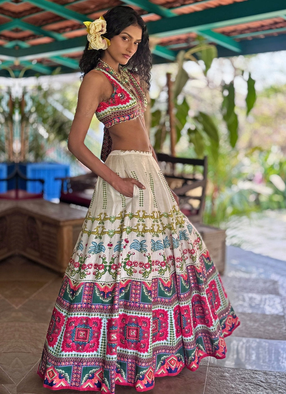 Off - White Printed Embroidered Lehenga Basil Leaf - Fabilicious Fashion