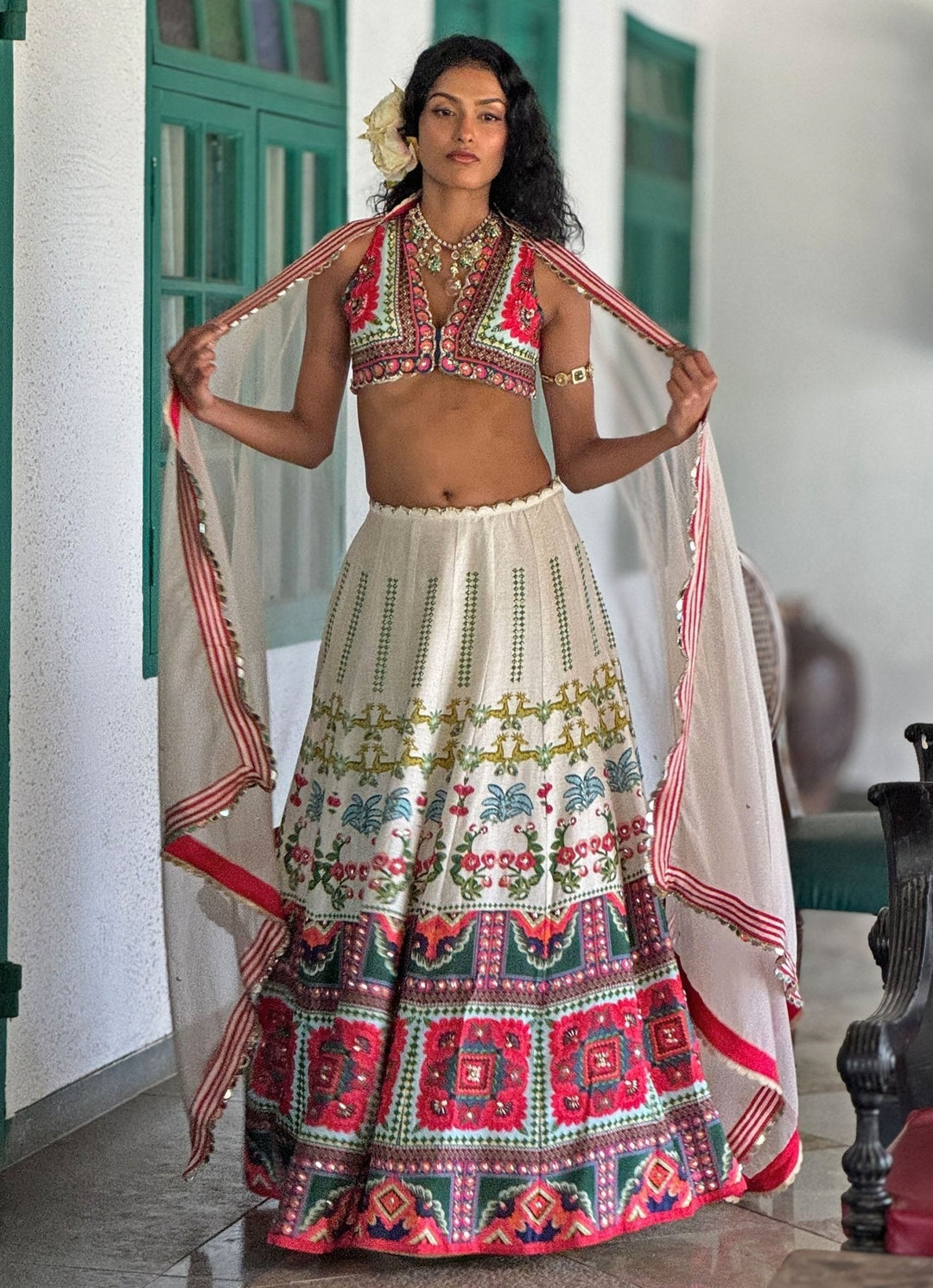 Off - White Printed Embroidered Lehenga Basil Leaf - Fabilicious Fashion