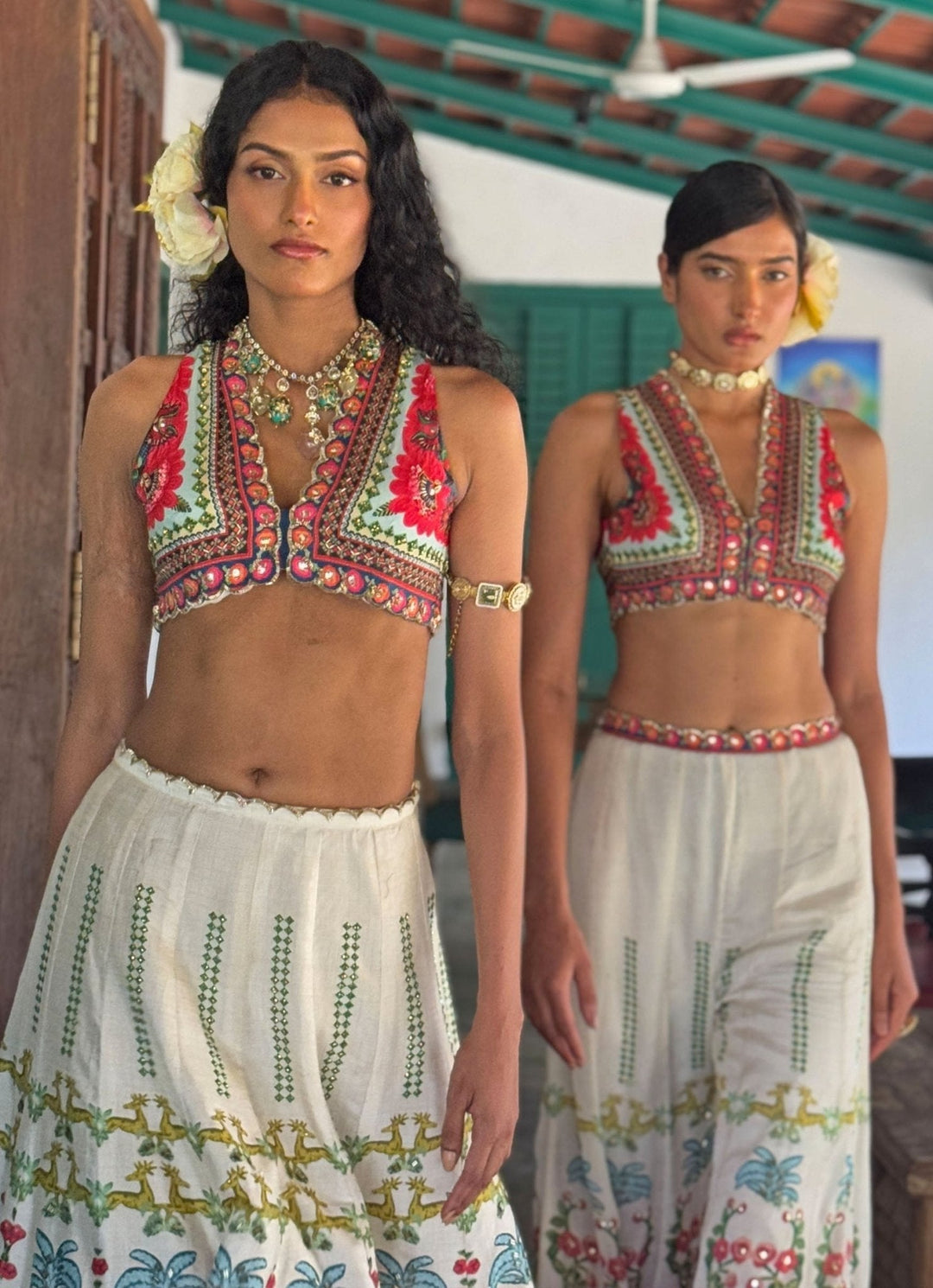Off - White Printed Embroidered Lehenga Basil Leaf - Fabilicious Fashion