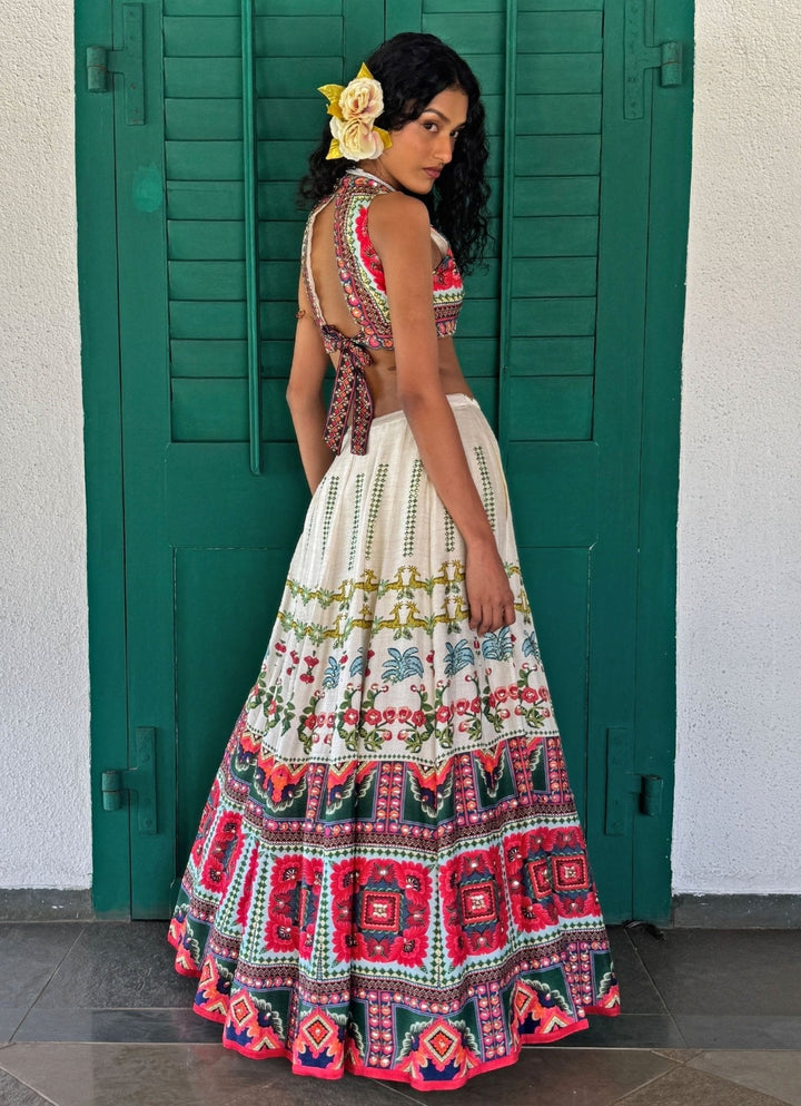 Off - White Printed Embroidered Lehenga Basil Leaf - Fabilicious Fashion